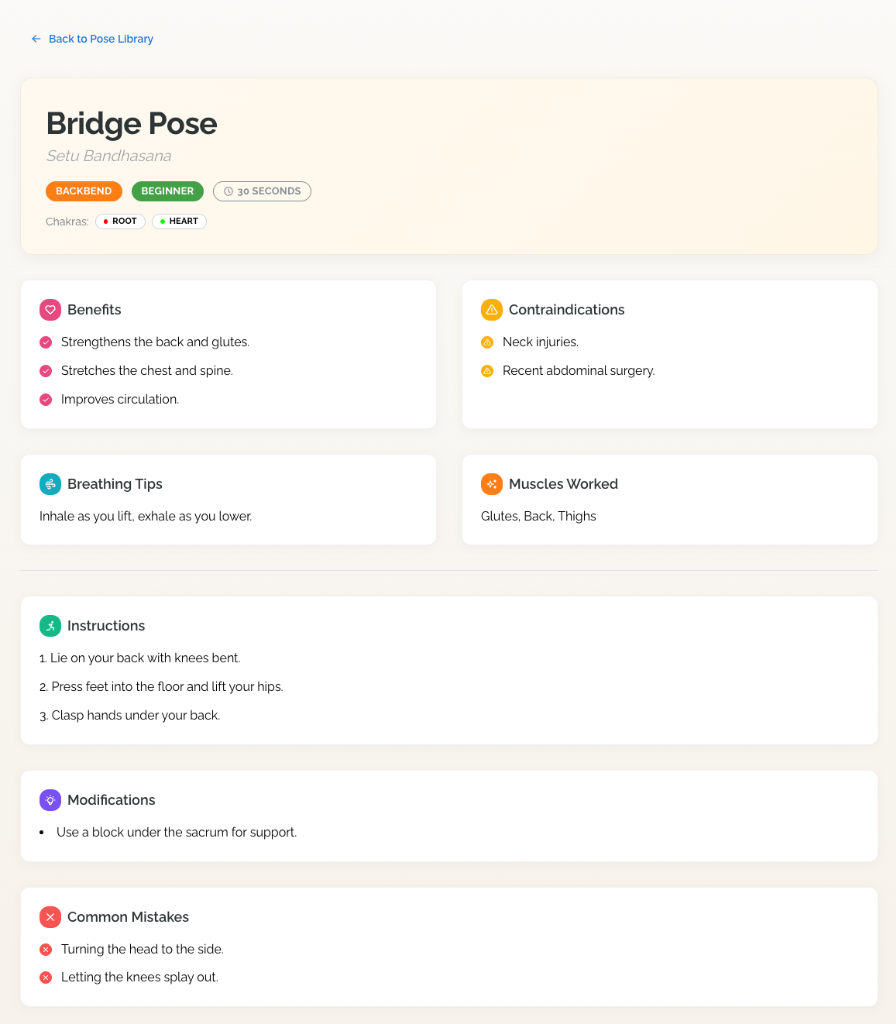 Flow Into Stillness app — Bridge Pose detail page showing benefits, contraindications, breathing tips, muscles worked, instructions, modifications, and common mistakes