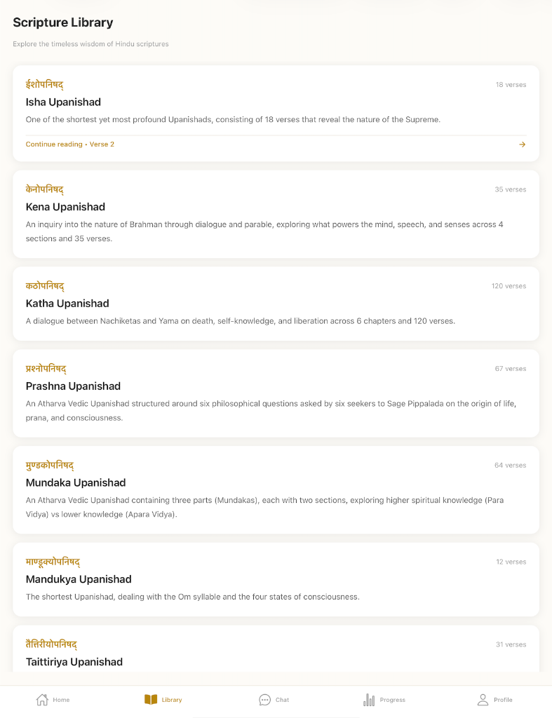 Svastha app — Scripture Library showing Upanishads including Isha, Kena, Katha, Prashna, Mundaka, Mandukya, and Taittiriya Upanishads with verse counts and Sanskrit titles